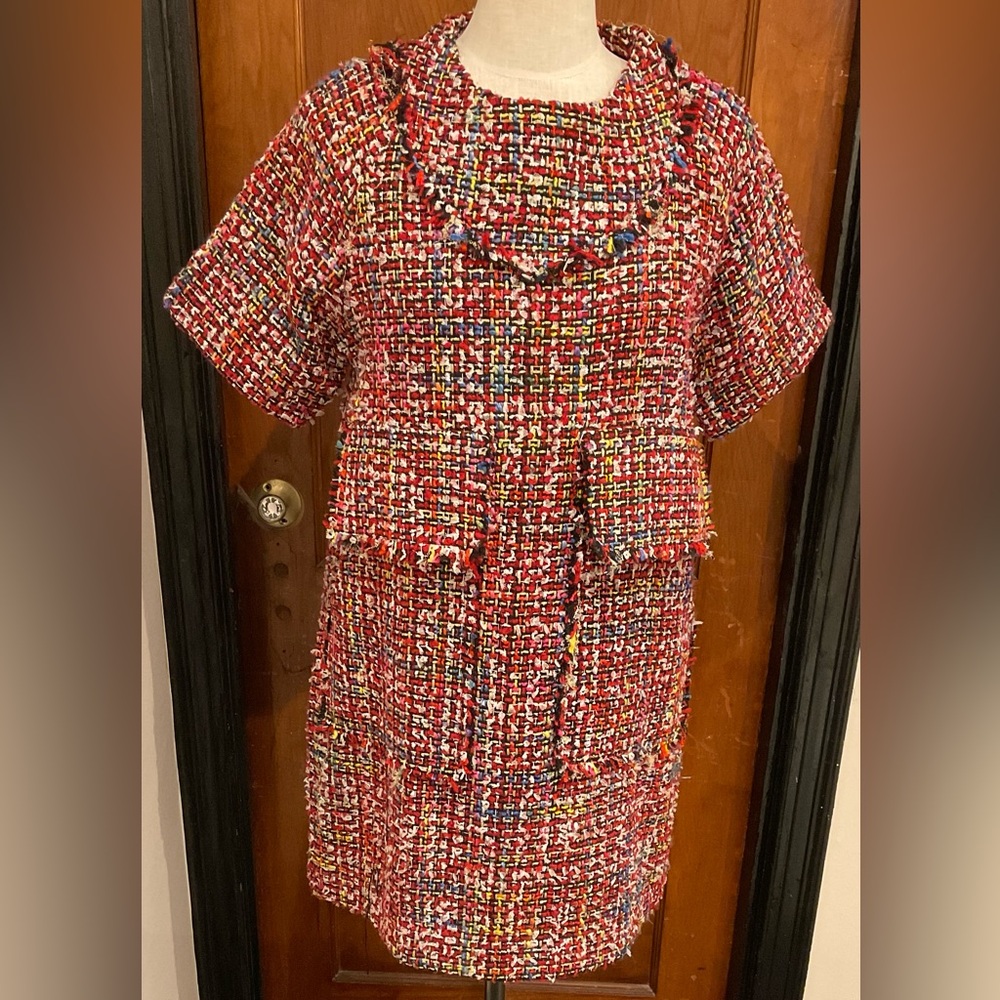 NWOT TOVHOLY Tweed Red, White, Blue, Black Dress w Pockets Size 40 Back Zipper